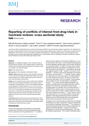 Reporting of conflicts of interest from drug trials in Cochrane reviews: cross sectional study thumbnail