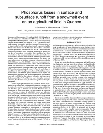 Phosphorous losses in surface and subsurface runoff from a snowmelt event on an agricultural field in Quebec thumbnail