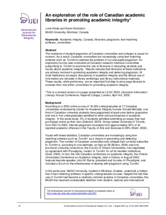 An Exploration of the role of Canadian academic libraries in promoting academic integrity thumbnail