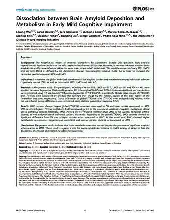 Dissociation between Brain Amyloid Deposition and Metabolism in Early Mild Cognitive Impairment thumbnail