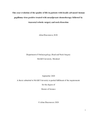 One-year evolution of the quality of life in patients with locally advanced human papilloma virus positive treated with neoadjuvant chemotherapy followed by transoral robotic surgery and neck dissection thumbnail