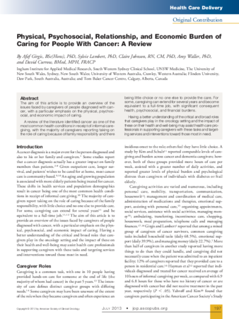 Physical, Psychosocial, Relationship, and Economic Burden of Caring for People With Cancer: A Review thumbnail