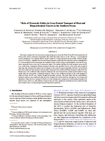 Role of Mesoscale Eddies in Cross-Frontal Transport of Heat and Biogeochemical Tracers in the Southern Ocean thumbnail