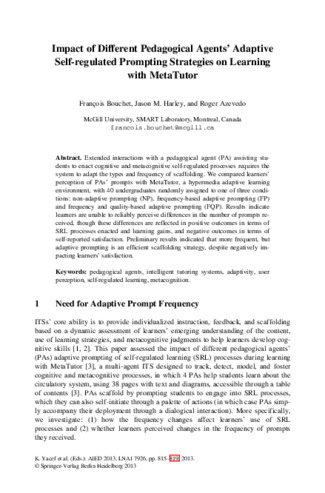 Impact of Different Pedagogical Agents’ Adaptive Self-regulated Prompting Strategies on Learning with MetaTutor thumbnail