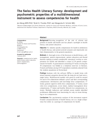 The Swiss Health Literacy Survey: development and psychometric properties of a multidimensional instrument to assess competencies for health thumbnail