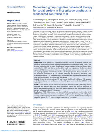Manualized group cognitive behavioral therapy for social anxiety in first-episode psychosis: a randomized controlled trial thumbnail