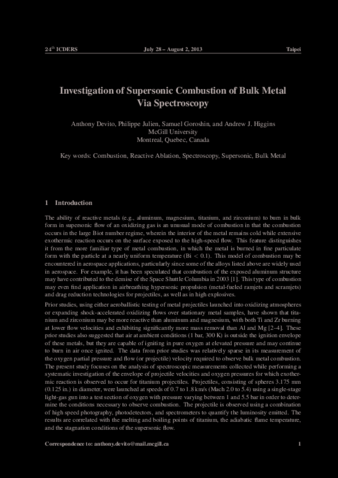 Investigation of Supersonic Combustion of Bulk Metal via Spectroscopy thumbnail