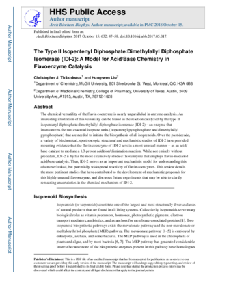 The type II isopentenyl Diphosphate:Dimethylallyl diphosphate isomerase (IDI-2): A model for acid/base chemistry in flavoenzyme catalysis thumbnail