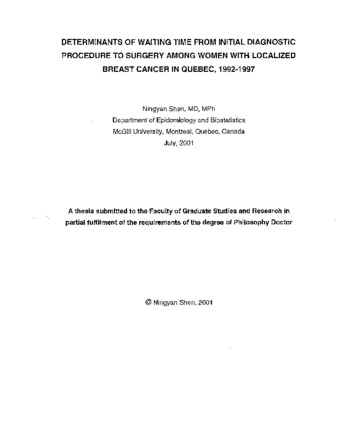 Determinants of waiting time from initial diagnostic procedure to surgery among women with localized breast cancer in Quebec, 1992-1997 thumbnail