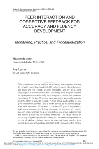 Peer interaction and corrective feedback for accuracy and fluency development: Monitoring, practice, and proceduralization thumbnail