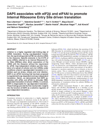 DAP5 associates with eIF2β and eIF4AI to promote Internal Ribosome Entry Site driven translation thumbnail