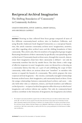 Reciprocal Archival Imaginaries: The Shifting Boundaries of “Community” in Community Archives thumbnail