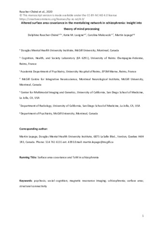 Altered Surface Area Covariance in the Mentalizing Network in Schizophrenia: Insight into Theory of Mind Processing thumbnail