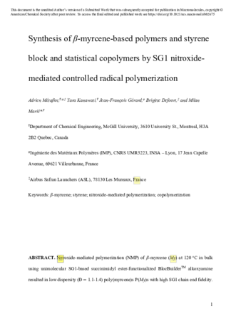 Synthesis of β-myrcene-based polymers and styrene block and statistical copolymers by SG1 nitroxide-mediated controlled radical polymerization thumbnail