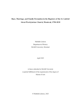Race, marriage, and family formation in the registers of the St. Gabriel Street Presbyterian Church, Montreal, 1790-1830 thumbnail