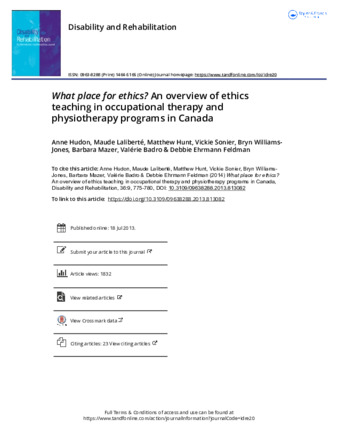 What place for ethics? An overview of ethics teaching in occupational therapy and physiotherapy programs in Canada thumbnail