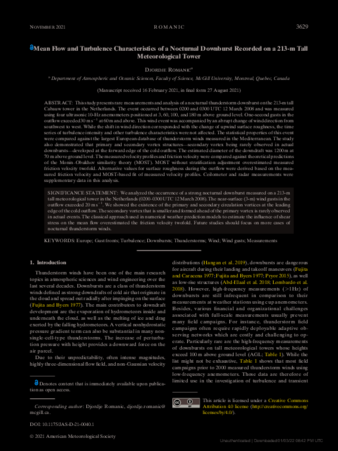 Mean Flow and Turbulence Characteristics of a Nocturnal Downburst Recorded on a 213-m Tall Meteorological Tower thumbnail