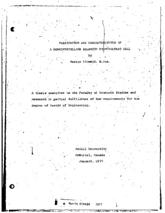 Fabrication and characteristics of a monocrystalline selenium photovoltaic cell thumbnail