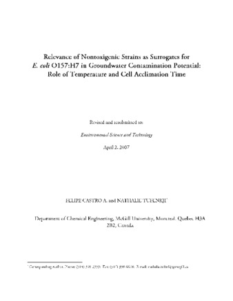 Relevance of Nontoxigenic Strains as Surrogates for E. coli O157:H7 in Groundwater Contamination Potential: Role of Temperature and cell Acclimation Time thumbnail