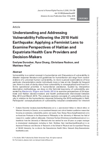 Understanding and Addressing Vulnerability Following the 2010 Haiti Earthquake: Applying a Feminist Lens to Examine Perspectives of Haitian and Expatriate Health Care Providers and Decision-Makers thumbnail