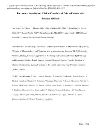 Prevalence, Severity and Clinical Correlates of Pain in Patients with Systemic Sclerosis thumbnail