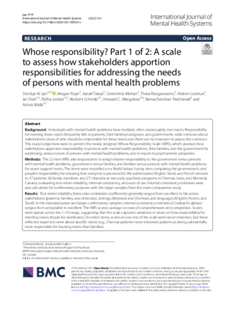 Whose responsibility? Part 1 of 2: A scale to assess how stakeholders apportion responsibilities for addressing the needs of persons with mental health problems thumbnail