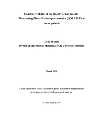 Construct validity of the quality of life in life-threatening illness-patient questionnaire (QOLLTI-P) in cancer patients thumbnail
