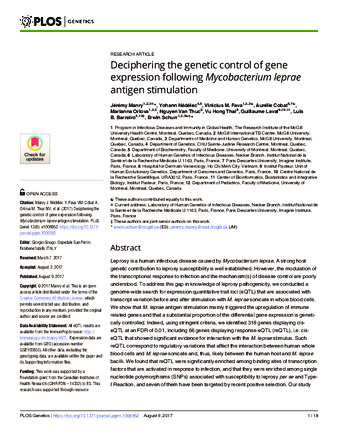 Deciphering the genetic control of gene expression following Mycobacterium leprae antigen stimulation thumbnail