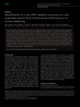 Identification of a rare BMP pathway mutation in a non-syndromic human brain arteriovenous malformation via exome sequencing thumbnail