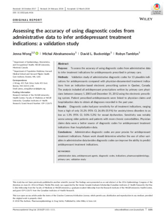 Assessing the accuracy of using diagnostic codes from administrative data to infer antidepressant treatment indications: a validation study thumbnail