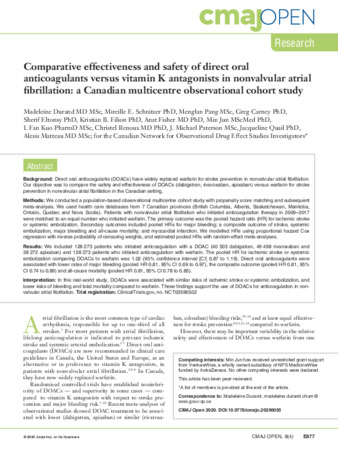 Comparative effectiveness and safety of direct oral anticoagulants versus vitamin K antagonists in nonvalvular atrial fibrillation: a Canadian multicentre observational cohort study thumbnail