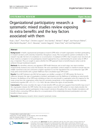 Organizational participatory research: a systematic mixed studies review exposing its extra benefits and the key factors associated with them thumbnail