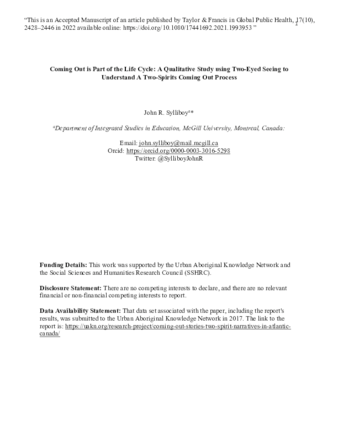 Coming Out is Part of the Life Cycle: A Qualitative Study using Two-Eyed Seeing to Understand A Two-Spirits Coming Out Process thumbnail