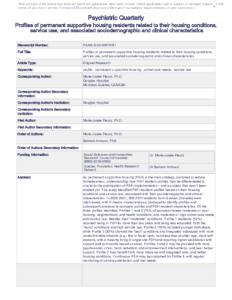 Profiles of Permanent Supportive Housing Residents Related to Their Housing Conditions, Service Use, and Associated Sociodemographic and Clinical Characteristics thumbnail