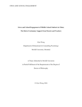 Stress and School Engagement of Middle School Students in China: The Role of Autonomy Support from Parents and Teachers thumbnail