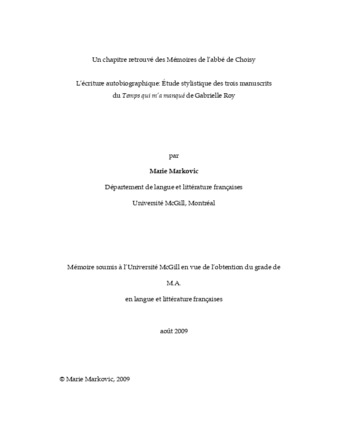 Un chapitre retrouvé des mémoires de l'abbé de Choisy l'écriture autobiographique : étude stylistique des trois manuscrits du «Temps qui m'a manqué» de Gabrielle Roy thumbnail