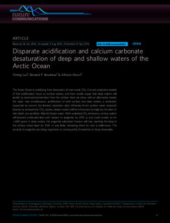 Disparate acidification and calcium carbonate desaturation of deep and shallow waters of the Arctic Ocean thumbnail