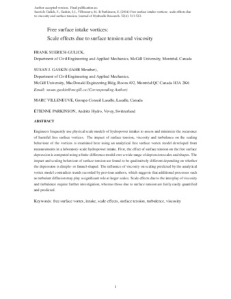 Free surface intake vortices: scale effects due to surface tension and viscosity thumbnail