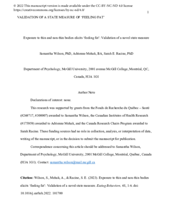 Exposure to thin and non-thin bodies elicits ‘feeling fat’: Validation of a novel state measure thumbnail