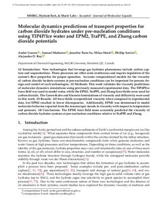 Molecular dynamics predictions of transport properties for carbon dioxide hydrates under pre-nucleation conditions using TIP4P/Ice water and EPM2, TraPPE, and Zhang carbon dioxide potentials thumbnail