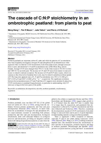 The cascade of C:N:P stoichiometry in an ombrotrophic peatland: from plants to peat thumbnail