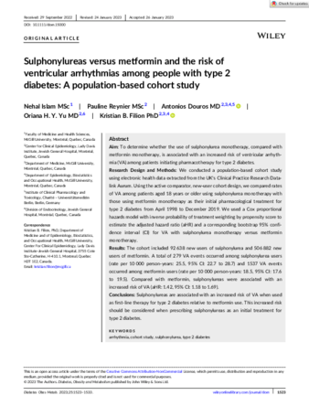 Sulphonylureas versus metformin and the risk of ventricular arrhythmias among people with type 2 diabetes: A population-based cohort study thumbnail