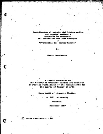 Contribución al estudio del léxico médico del español medieval : "Secretos de medicina" del licenciado don Juan Enriquez y "Pronóstica del pseudo-Galeno" thumbnail
