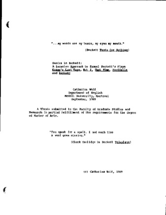 Desire in Beckett : a Lacanian approach to Samuel Beckett's plays Krapp's last tape, Not I, That time, Footfalls and Rockaby thumbnail