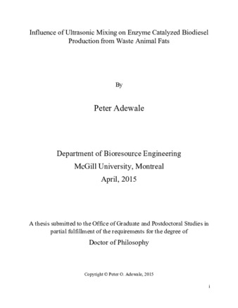 Influence of ultrasonic mixing on enzyme catalyzed biodiesel production from waste animal fats thumbnail