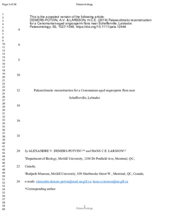 Palaeoclimatic reconstruction for a Cenomanian-aged angiosperm flora near Schefferville, Labrador thumbnail