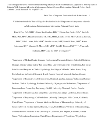 Reliability and Validity of Three Versions of the Brief Fear of Negative Evaluation Scale in Patients With Systemic Sclerosis: A Scleroderma Patient-Centered Intervention Network Cohort Study thumbnail