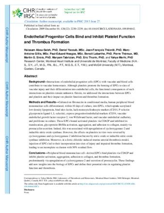 Endothelial Progenitor Cells Bind and Inhibit Platelet Function and Thrombus Formation thumbnail