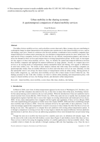 Urban mobility in the sharing economy: A spatiotemporal comparison of shared mobility services thumbnail