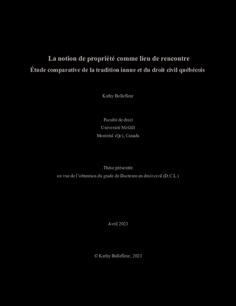 La notion de propriété comme lieu de rencontre.  Étude comparative de la tradition innue et du droit civil québécois thumbnail